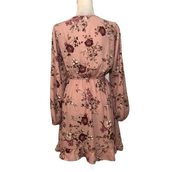 NWOT Pink Floral Faux Wrap Long Sleeve Dress New - Picture 3 of 16